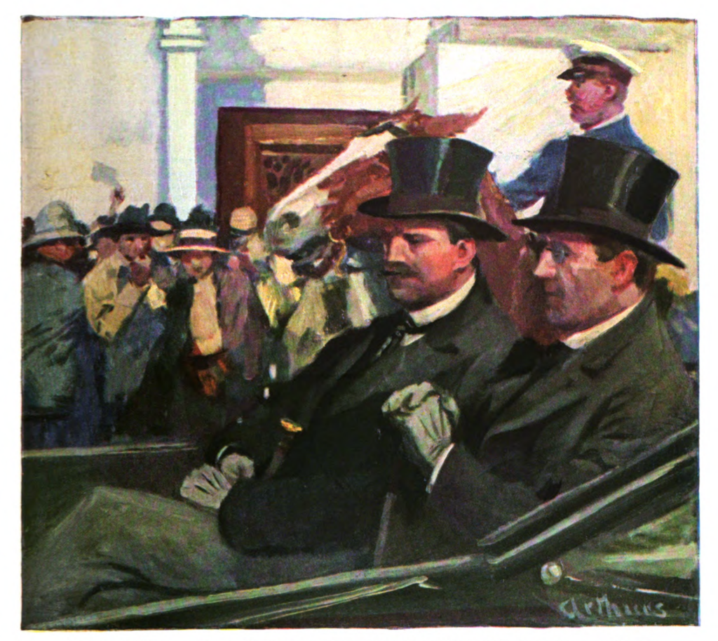 magazine color illustration: two rich men ini top hats sit in the back of a car with open top, a police on horse beside the car, a crowd of cold people on the sidewalk seem held back by a police.