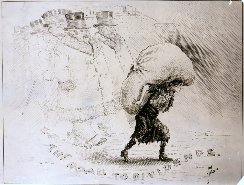 a young woman in rags with a huge load on her back is followed by well dressed cruel-looking capitalist men. text underneath reads "The Road To Dividends"