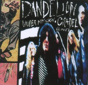 cover of CD-sinigle "Under My Skin" with "Citadel (Live)" - promo picture of the band looking earlly 90s; tiny sliver on left side: comic images of a business man in suiit falling through air; and a rocket bomb falling downward in pink background