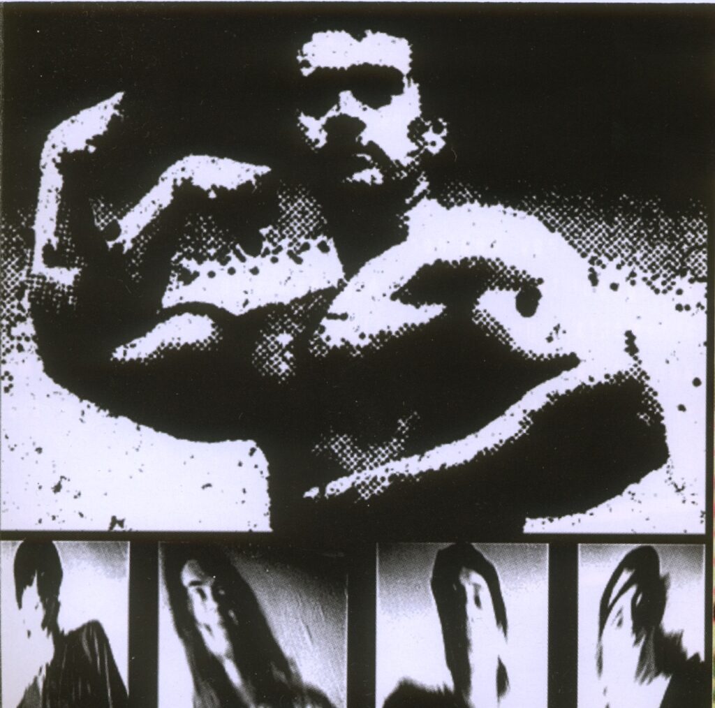 black and white: a muscular shirtless man flexes, somehow has two fists and forearms on same side; below 4 photographs of the band members.