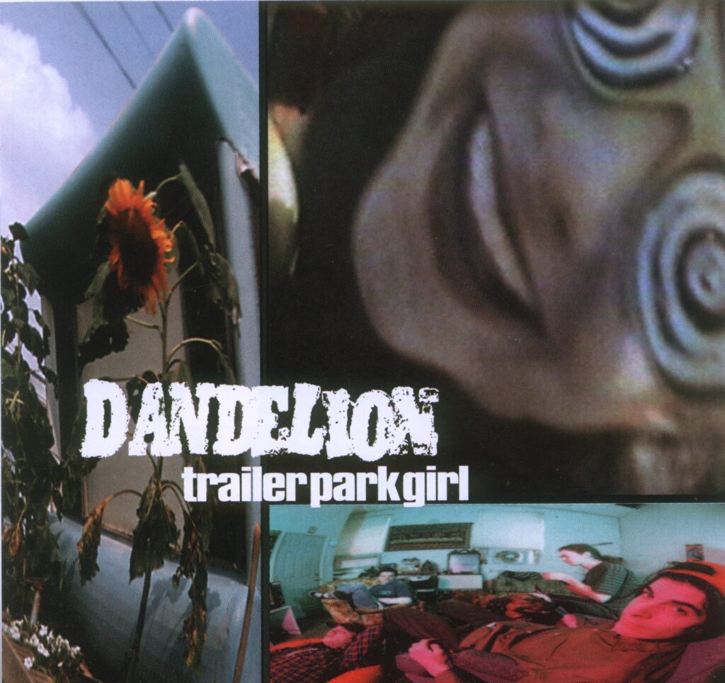 cover of "Trailer Park Girl" CD-single: Left quarter a photograph of a sunflower growing near a plastic edifice; left 3/4ths a carnival-esque picture of someone smiling with classes on with swirls for eyes; and a picture of the band lounging lower right