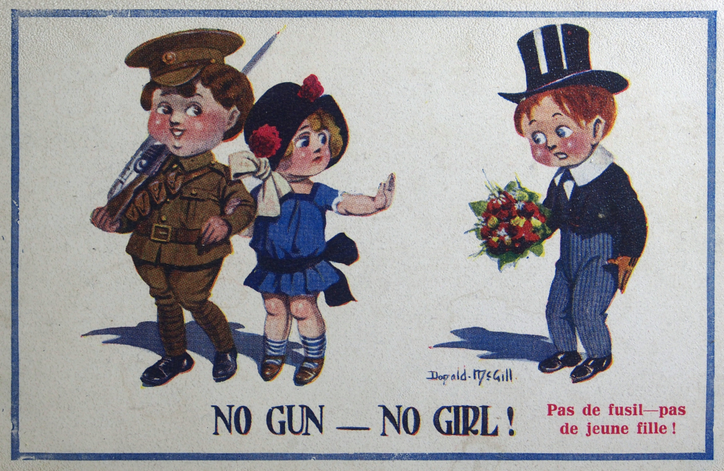 old WWI illustration: a couple, one of them a soldier in uniform, together. the girl is showing a stiff hand to another suitor in suit with flowers. text: "No Gun - No Girl!"